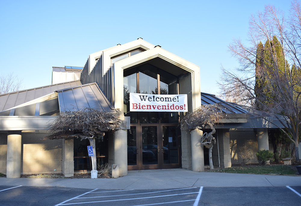 A large banner welcomes all who visit the Monastery of the Ascension, Jerome, Idaho. (Julie A. Ferraro)