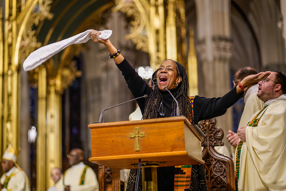 Cantor Kim R. Harris sings during the New York Archdiocese's annual Black History Month Mass at St. Patrick's Cathedral in New York City Feb. 5, 2023. (OSV News/Gregory A. Shemitz)