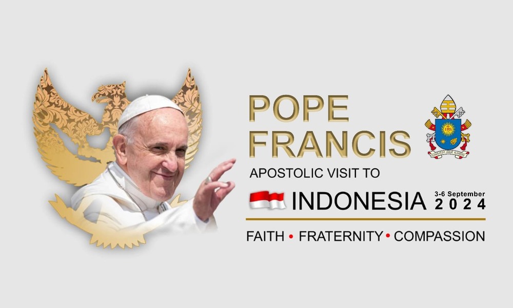 Logo featuring image of Pope Francis, insignia of Vatican and Indonesia, and text announcing the visit