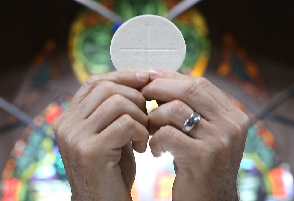 A priest raises the Eucharist in this illustration. (OSV News/CNS file, Bob Roller)