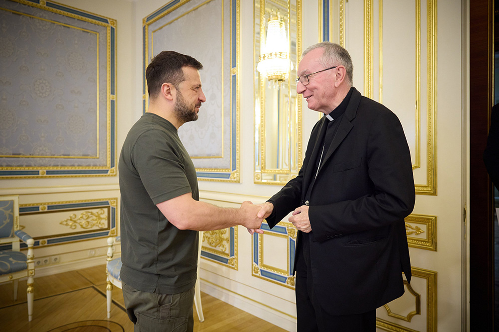 Cardinal Pietro Parolin, Vatican secretary of state, meets Volodymyr Zelenskyy, president of Ukraine, during his visit to Ukraine July 23. (CNS/Volodymyr Zelenskyy via X)