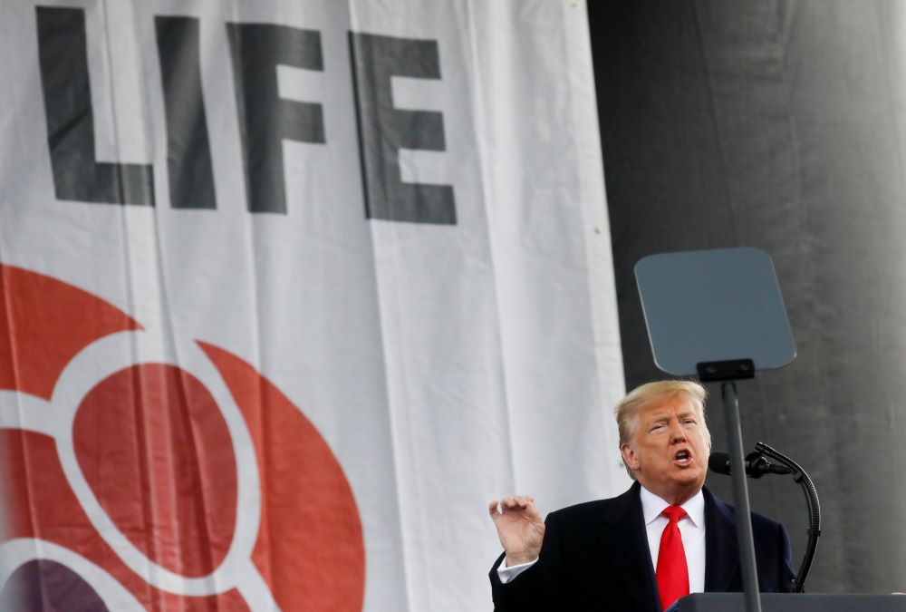 Then-U.S. President Donald Trump addresses thousands of pro-life supporters during the 47th annual March for Life in Washington Jan. 24, 2020. 