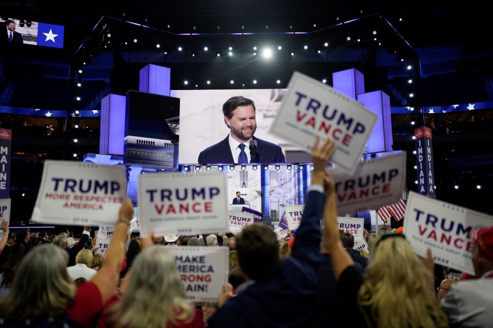 Republican vice presidential candidate Ohio Sen. J.D. Vance speaks during the Republican National Convention July 17 in Milwaukee. 