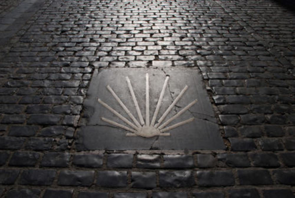 A shell symbol of the Camino de Santiago is seen along the pilgrimage route in Logroño, Spain. 