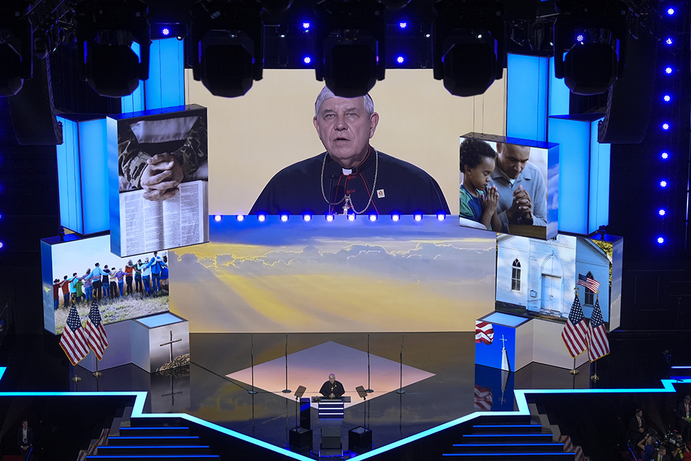 Milwaukee Archbishop Jerome Listecki gives the invocation for the eventing session of the Republican National Convention July 15, 2024, in Milwaukee. (AP/Morry Gash)