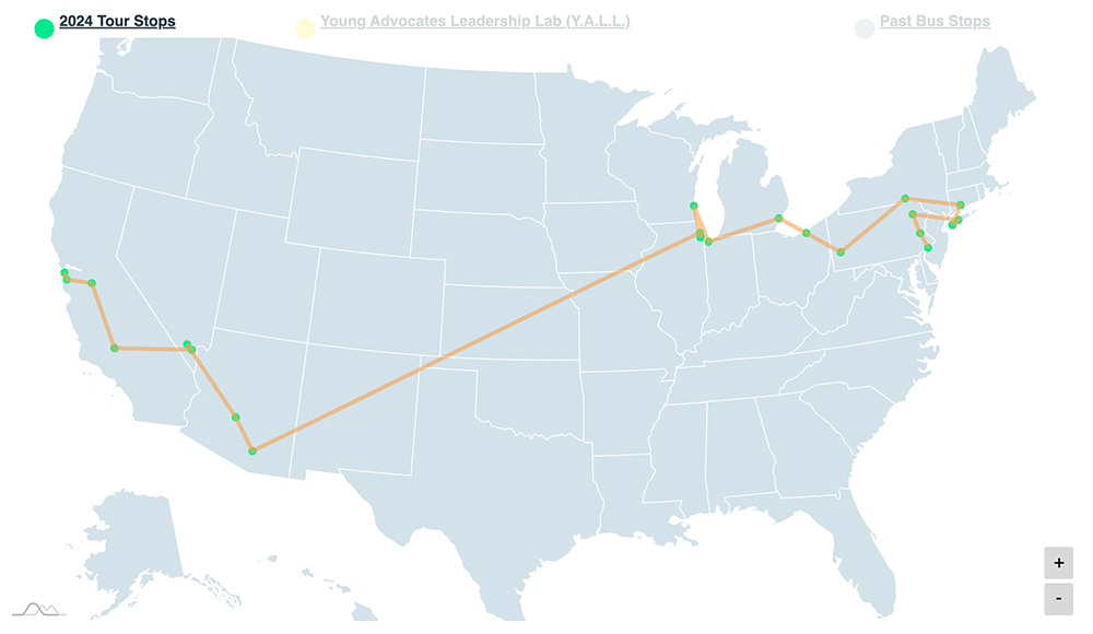 The 2024 Nuns on the Bus tour begins in Philadelphia and ends in San Francisco, stopping in 18 other cities along the way over nearly three weeks. (GSR screenshot)