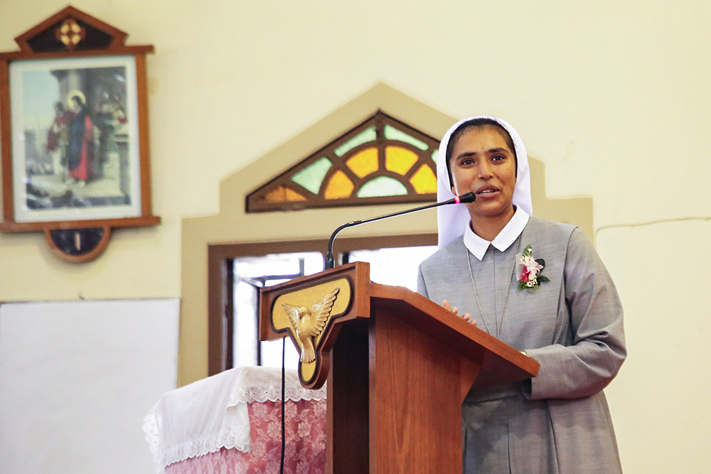 Sr. Teagon Andre Maria delivers a speech after taking her vows as a Sister of Charity of St. Vincent de Paul at St. Patrick's Cathedral Church in Mymensingh, Bangladesh, on June 24. (GSR photo/Stephan Uttom Rozario)