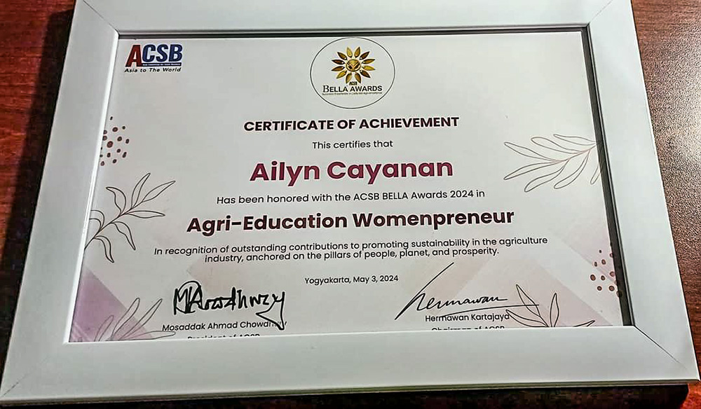 Salesian Sr. Ailyn Cayanan's BELLA Award 2024, Certificate of Achievement for in the category of Agri-Education Womenpreneur (Courtesy of Ailyn Cayanan)