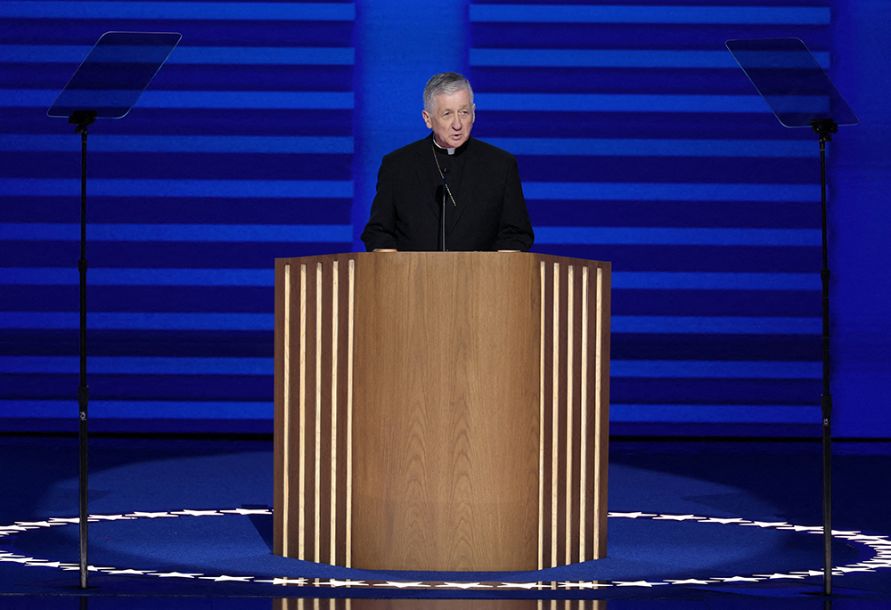 Cardinal Blase Cupich of Chicago delivers the invocation at the United Center, on Aug. 19, Day 1 of the Democratic National Convention in Chicago. (OSV News photo/Reuters/Mike Segar)