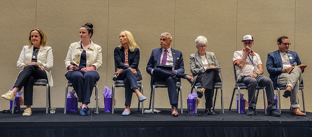 The panel included (from left) U.S. Rep. Madeleine Dean, New York delegate Caroline McGraw, U.S. Rep. Mary Gay Scanlon, Miguel Diaz of Loyola University Chicago, Sinsinawa Dominican Sr. Reg McKillip, Catholics Vote Common Good National Co-Chair Patrick Carolan, and Christopher Carroll, a member of Catholics Vote Common Good’s national steering committee. (NCR photo/Heidi Schlumpf)