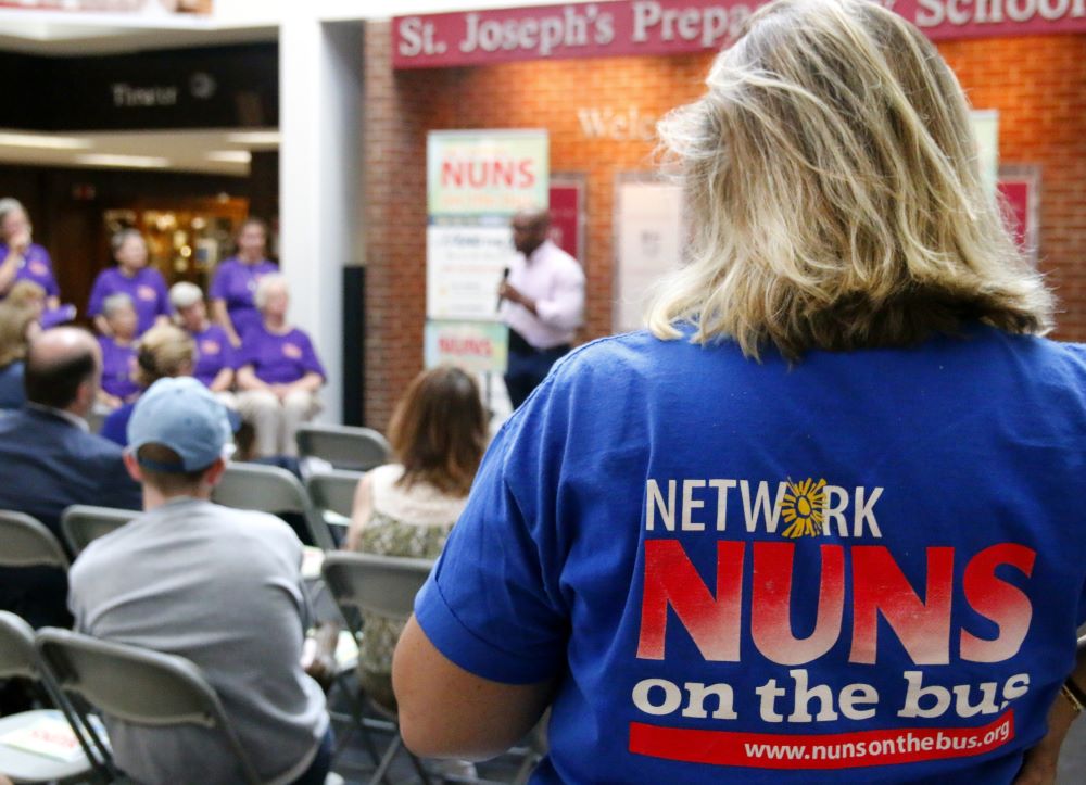 Women religious on the fifth Nuns on the Bus tour speak to a crowd about income inequality July 29, 2016, in Philadelphia.