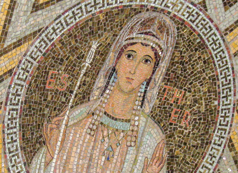 A mosaic depicts the biblical figure Esther in the Dormition Church on Mount Zion in Jerusalem. (Wikimedia Commons/Deror avi)