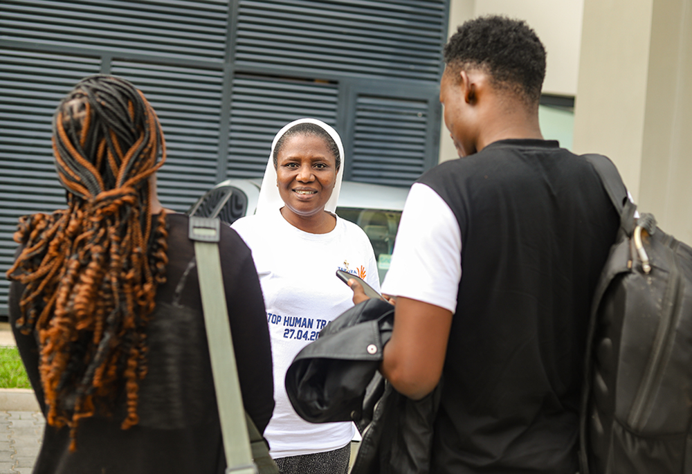 Sr. Kayula Lesa, a member of the Religious Sisters of Charity, speaks to survivors of human trafficking March 12 in Lusaka, Zambia. Religious sisters have been raising awareness of human trafficking and also assisting victims. (GSR photo/Doreen Ajiambo)