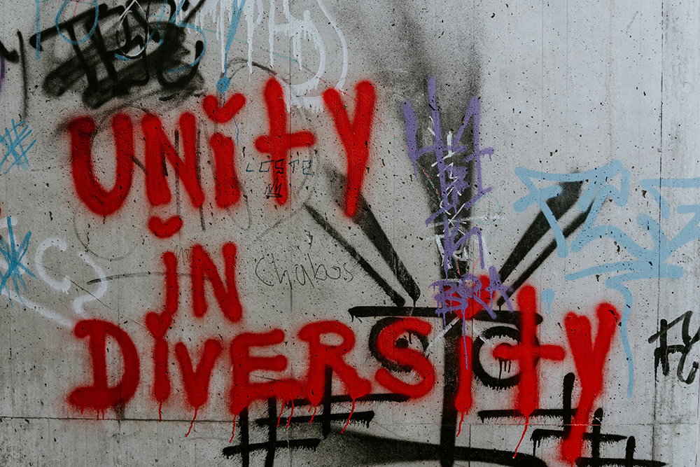 Graffiti of the phrase "Unity in Diversity" in red spray paint on a wall (Unsplash/Claudio Schwarz)