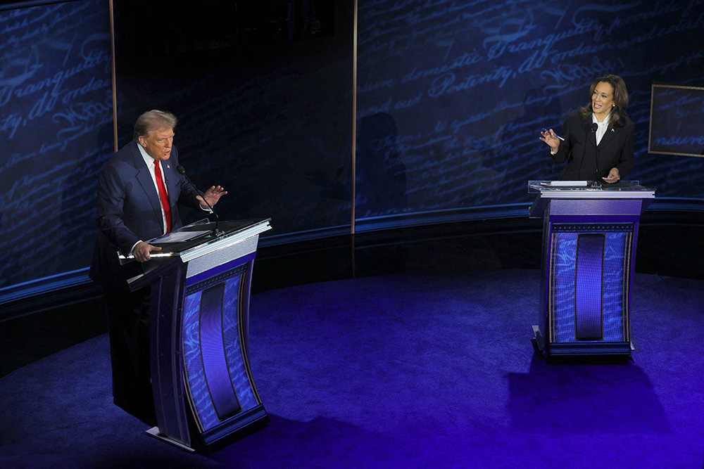 Republican presidential nominee and former U.S. President Donald Trump, and Democratic presidential candidate and U.S. Vice President Kamala Harris, take part in the presidential debate at the National Constitution Center in Philadelphia Sept. 10, 2024. (OSV News/Reuters/Brian Snyder)