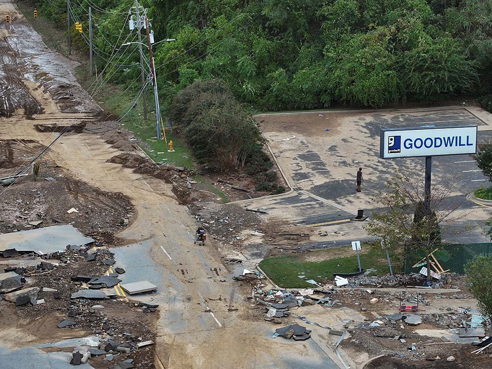 A drone view Sept. 29 shows a damaged area in Asheville, North Carolina, following the passing of Tropical Storm Helene. The storm made landfall at 11:10 p.m. (Eastern time) Sept. 27 in Florida's Big Bend as a Category 4 hurricane and was downgraded to a tropical storm the next morning. (OSV News/Reuters/Marco Bello)