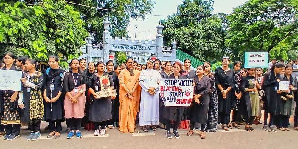 Apostolic Carmel Sr. M. Rashmi (center, in white habit), principal of the Patna Women's College in the eastern Indian state of Bihar, joins her students to demand justice for a rape and murder victim in Kolkata. (Courtesy of M. Rashmi)