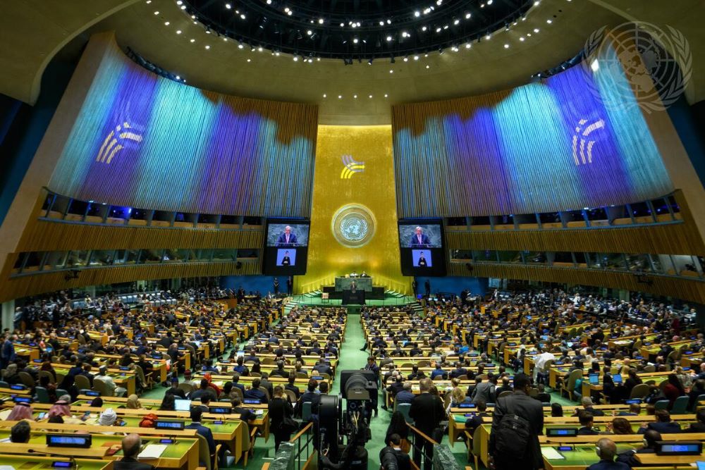 United Nations Secretary-General António Guterres, at the podium and on screens, addresses the opening of the Summit of the Future on Sept. 22. During the Sept. 22-23 event at the U.N. in New York, member states reaffirmed their commitment to sustainable development goals. (UN/Loey Felipe)