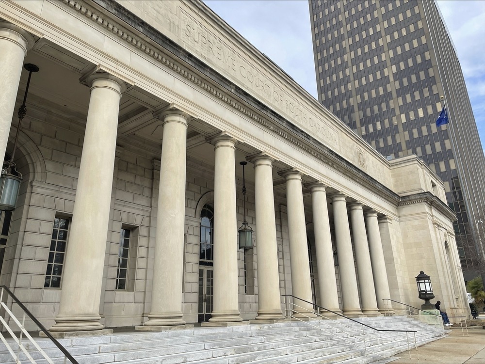 Supreme Court of South Carolina building, Columbia, South Carolina, Jan. 18, 2023. Stone facade in built-up urban core.