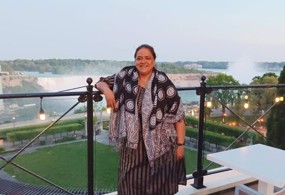 Sr. Margaret Gonsalves is pictured at Niagara Falls, during a recent visit to Canada with her siblings. (Courtesy of Margaret Gonsalves)