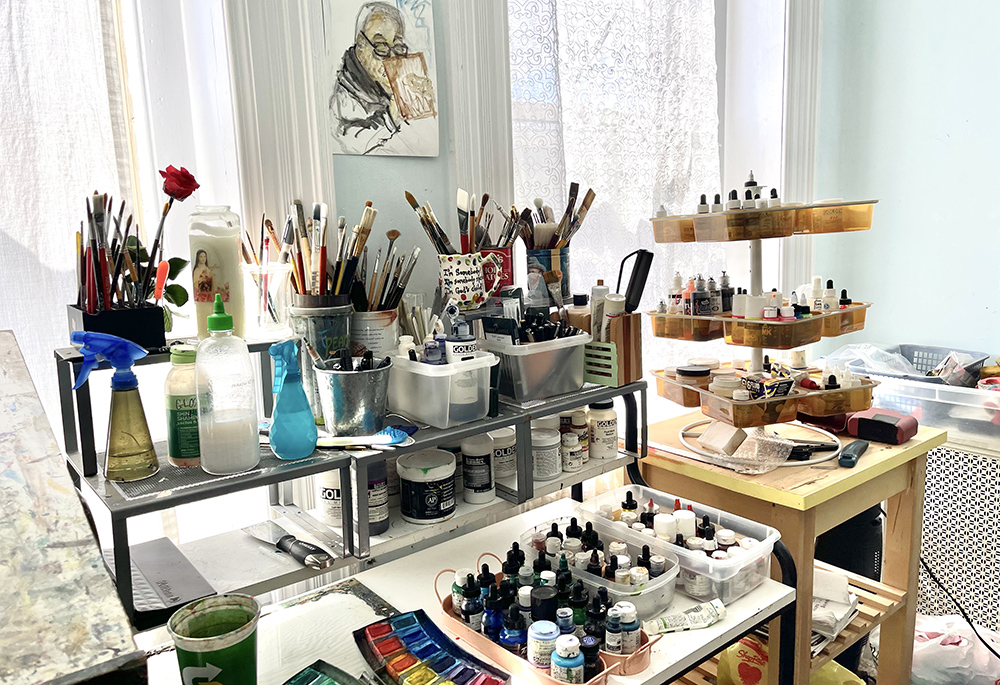 A view of Oblate of St. Francis De Sales Br. Mickey McGrath's studio in Camden, New Jersey, in August. (NCR photo/Camillo Barone)