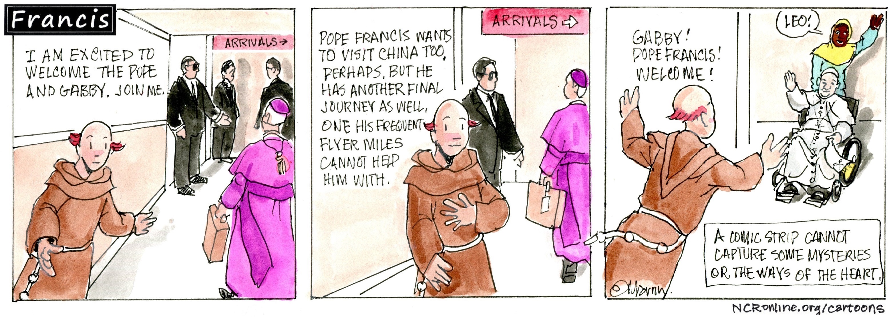 Francis, the comic strip: Brother Leo welcomes Gabby and Francis home from an important trip.