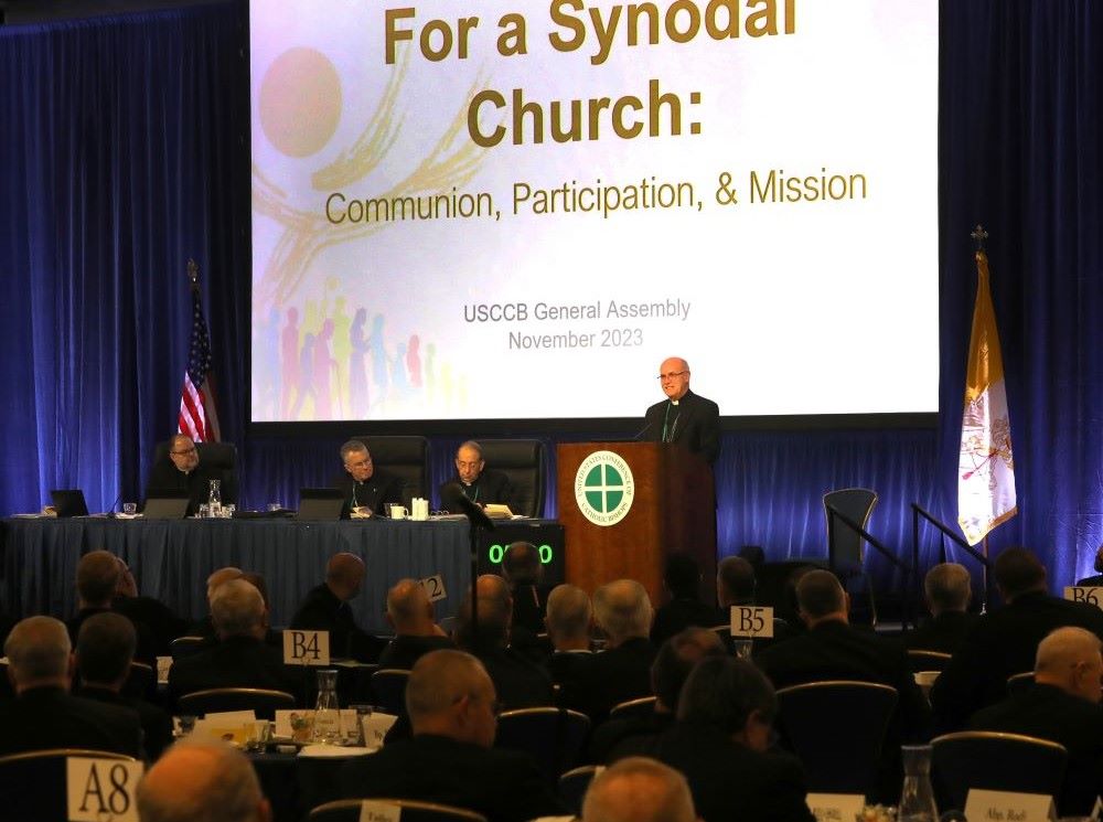 Bishop Kevin C. Rhoades at a Nov. 14, 2023, session of the fall general assembly of the U.S. Conference of Catholic Bishops in Baltimore. 