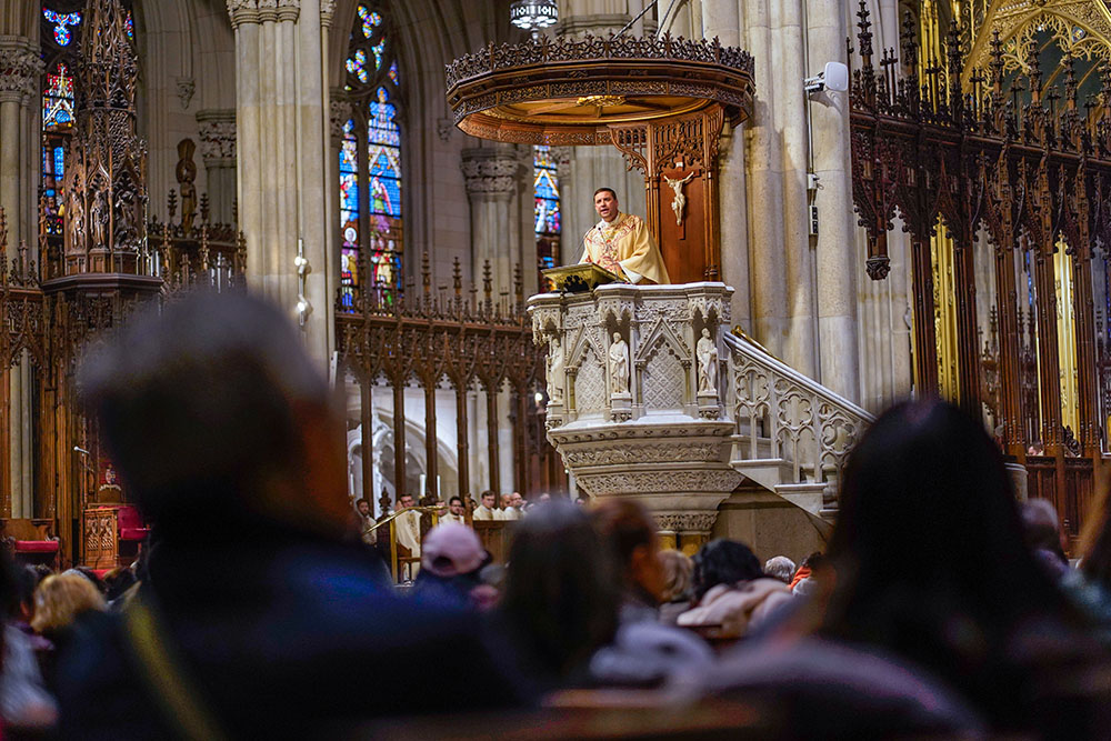 Msgr. James Shea, president of the University of Mary in Bismarck, N.D., delivers his homily during Mass at St. Patrick's Cathedral in New York City Oct. 15. (OSV News photo/Gregory A. Shemitz)