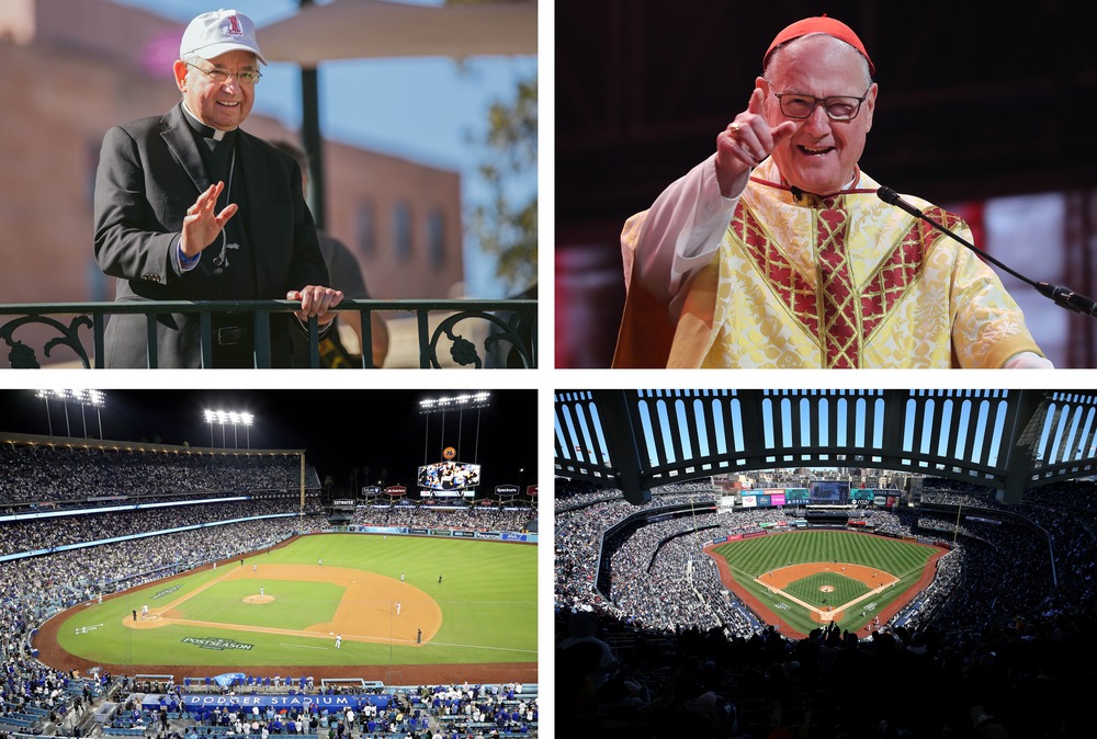 Archbishop Gomez, Cardinal Dolan, Dogder and Yankee stadiums. Combo photo of the prelates, and their teams' stadiums.
