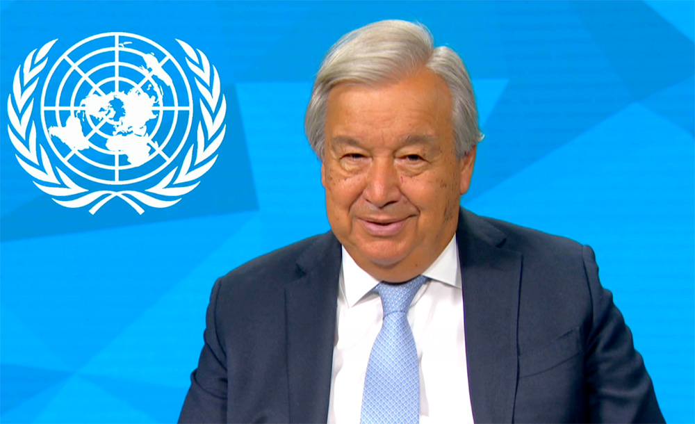 U.N. Secretary-General António Guterres says "our world is in trouble" due to climate change in a video message at Siena College's symposium on integral ecology Oct. 10. (Courtesy of Siena College)