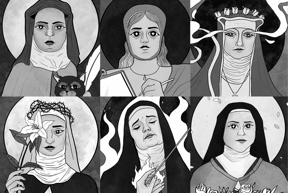 Illustrations of the six Catholic female mystics in history from The Mystics Would Like a Word, written by Shannon K. Evans, NCR culture and spirituality editor. The illustrations are clockwise, from upper left, Julian of Norwich, Margery Kempe, St. Hildegard of Bingen, St. Thérèse of Lisieux, St. Teresa of Avila and St. Catherine of Siena. (Illustrations by Dani/andhersaints)