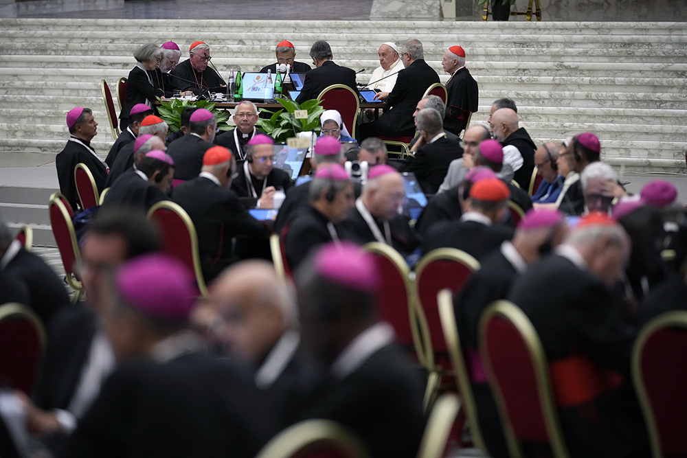 Pope Francis attends the opening of the second session of the 16th General Assembly of the Synod of Bishops at the Paul VI Hall at the Vatican, Oct. 2, 2024. (AP/Andrew Medichini)