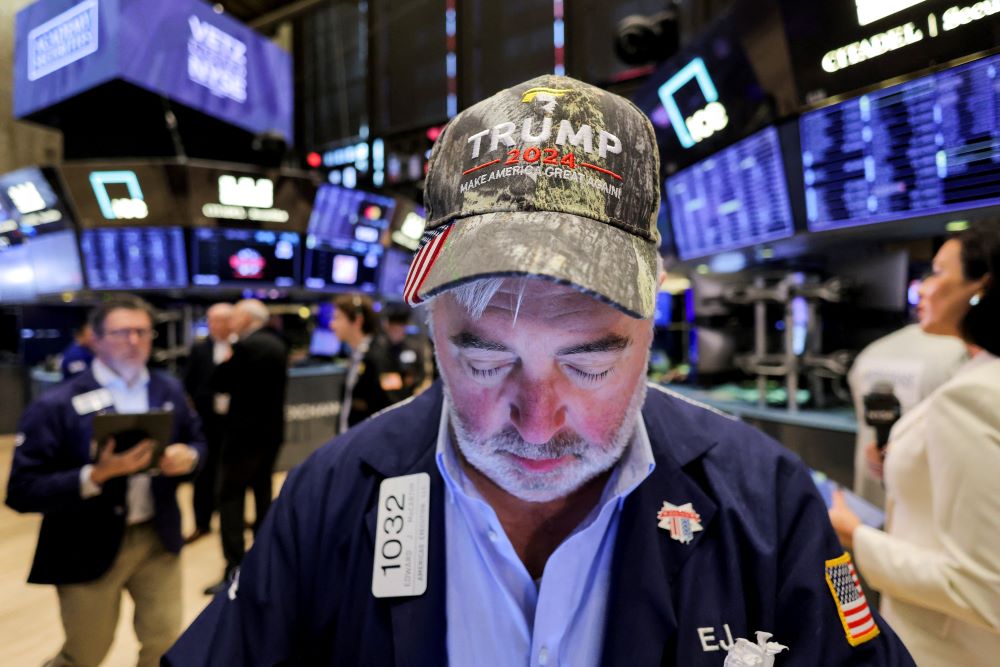 A trader wears a hat at the New York Stock Exchange in New York City, Nov. 6 in support of Republican President-elect Donald Trump.