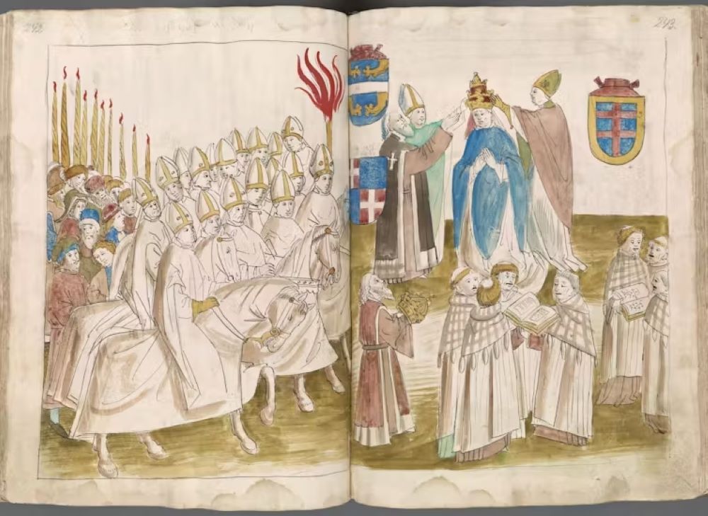 The coronation of the pope, depicted in the "Chronicle of the Council of Constance" by Ulrich von Richenthal, from the 15th century 