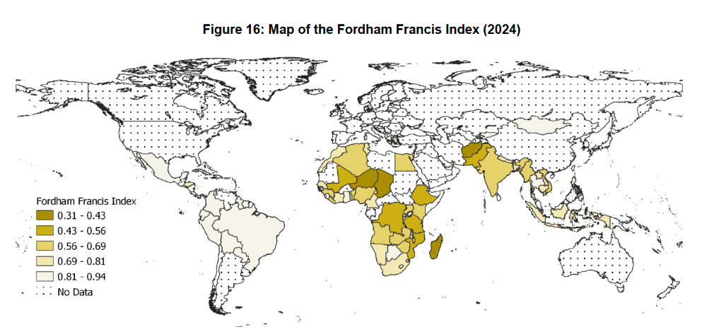 This map highlights the geographical distribution of the Fordham Francis Index scores across the sample of 71 countries. 