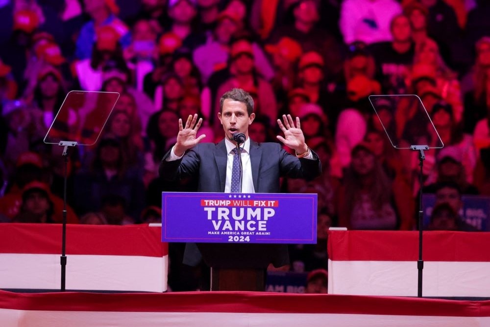 Tony Hinchcliffe gestures during a rally for Republican presidential nominee and former U.S. President Donald Trump at Madison Square Garden in New York City Oct. 27. 