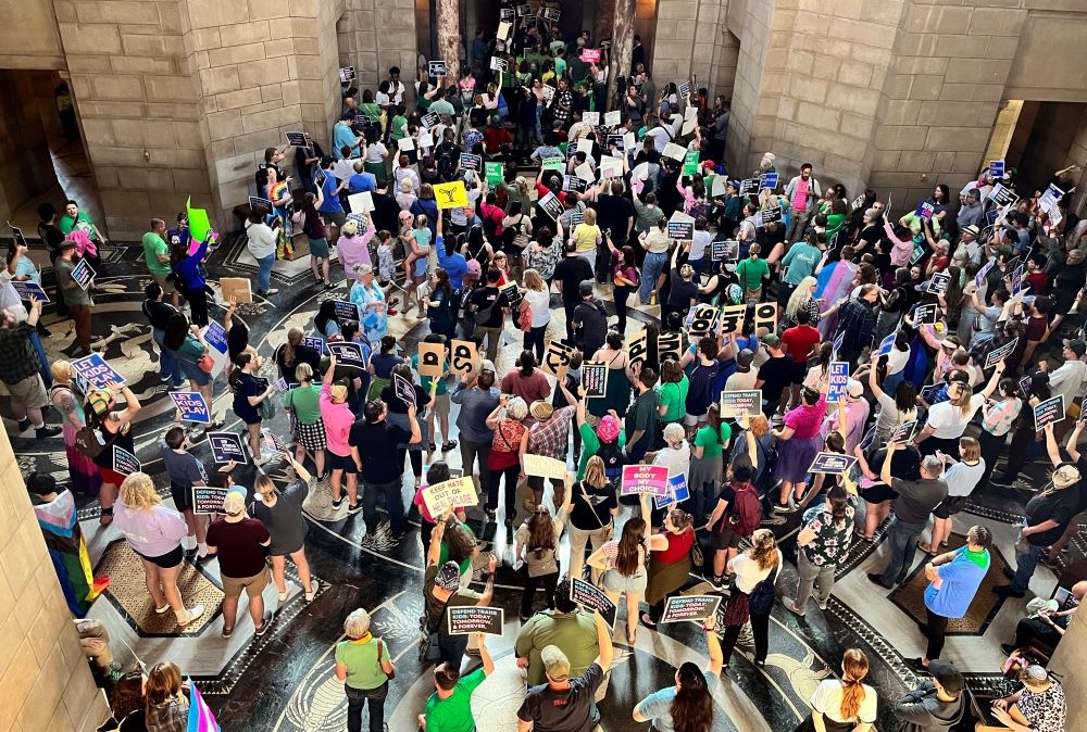 Hundreds of people gather at the Nebraska Capitol to protest against a proposed abortion ban, in Lincoln, on May 16, 2023. 