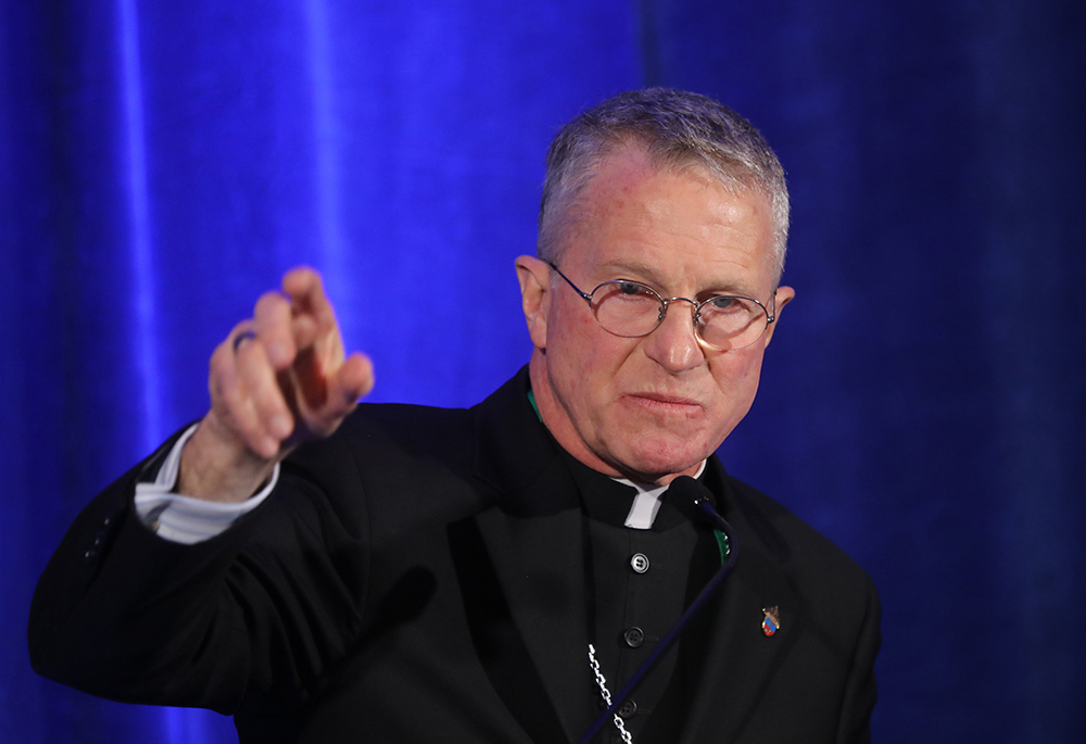 Archbishop Timothy Broglio of the U.S. Archdiocese for the Military Services, president of the U.S. bishops' conference, speaks during a news conference at a Nov. 14, 2023, session of the bishops' fall general assembly in Baltimore. Archbishop Broglio issued a bishops' conference statement Nov. 6, calling for prayer and unity following the results of the presidential election. (OSV News/Bob Roller)