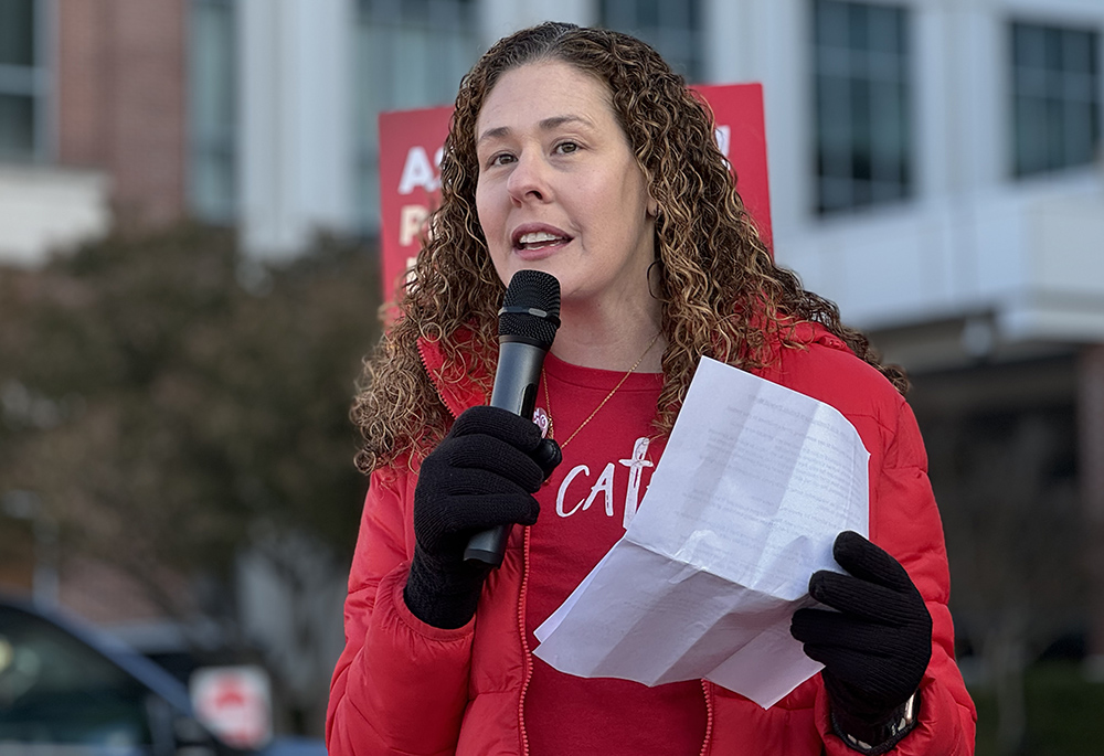 Nurse Lisa Watson, of Wichita, Kansas, joined rally outside the fall meeting of the U.S. Conference of Catholic Bishops in Baltimore on Nov. 12, asking bishops to urge Catholic hospital chain Ascension for better staffing and patient care at the local St. Agnes Ascension Hospital. (NCR photo/Rhina Guidos)