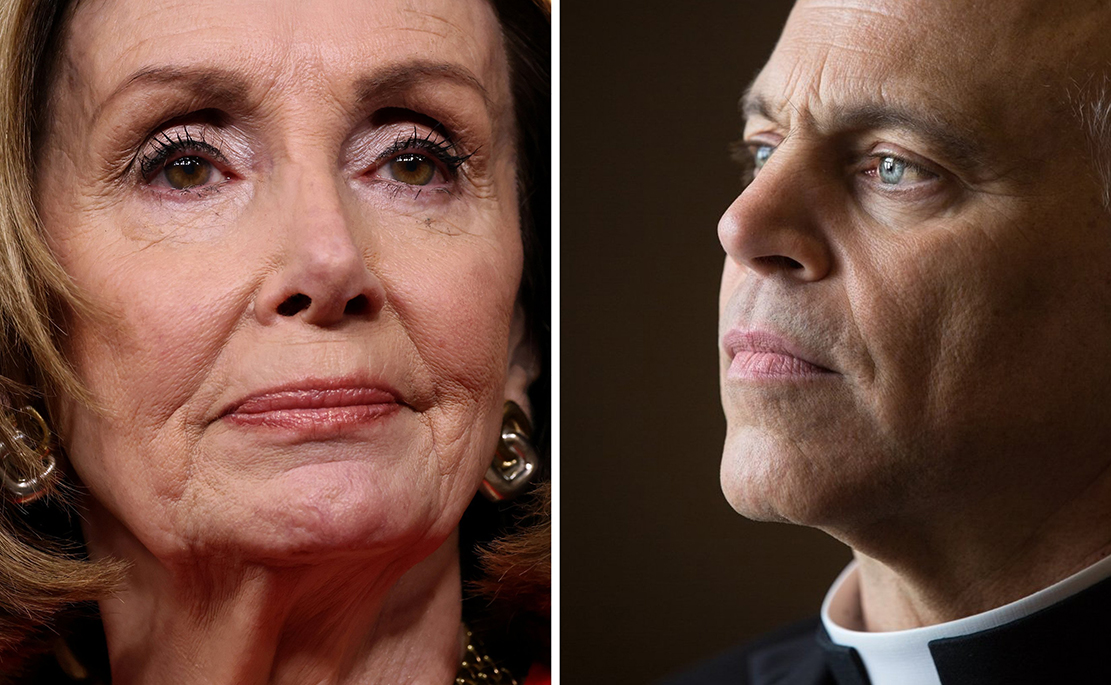 Former House Speaker Nancy Pelosi, D-Calif., and San Francisco Archbishop Salvatore Cordileone are seen in this composite photo. (CNS composite/Reuters/Evelyn Hockstein and St. Louis Review/Lisa Johnston)