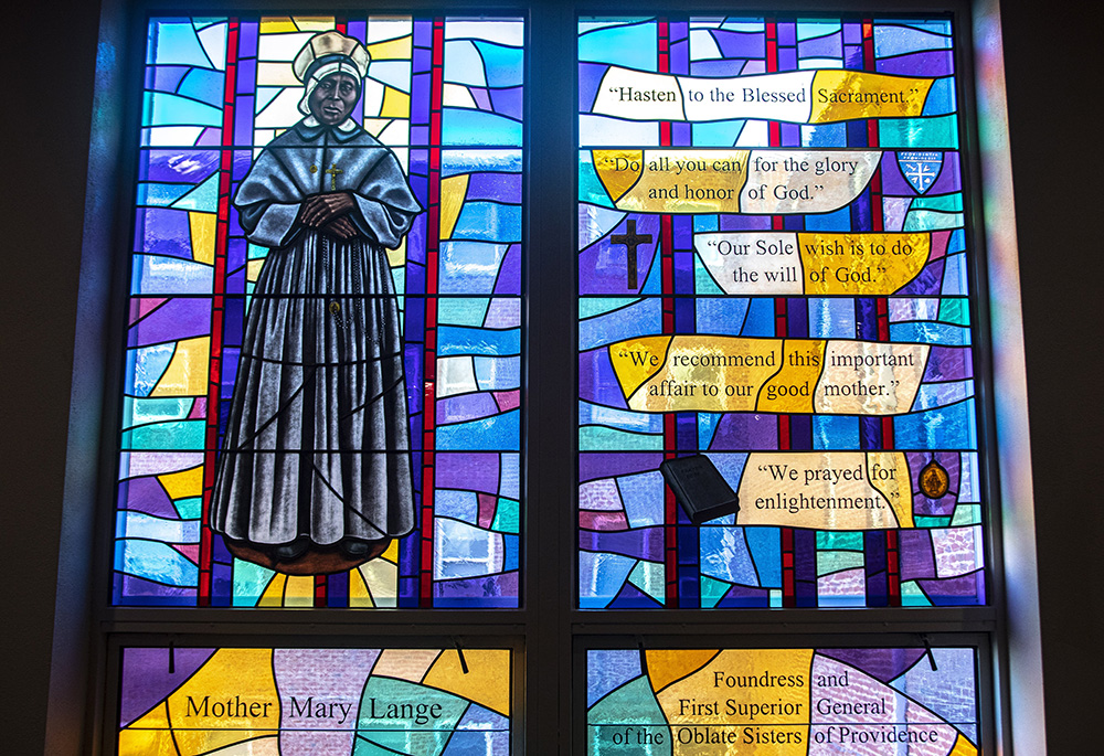 An image of Mother Mary Lange, foundress of the Oblate Sisters of Providence, is seen in a stained-glass window in the chapel of the religious order's motherhouse near Baltimore on Feb. 9, 2022. (OSV News/CNS file, Chaz Muth)