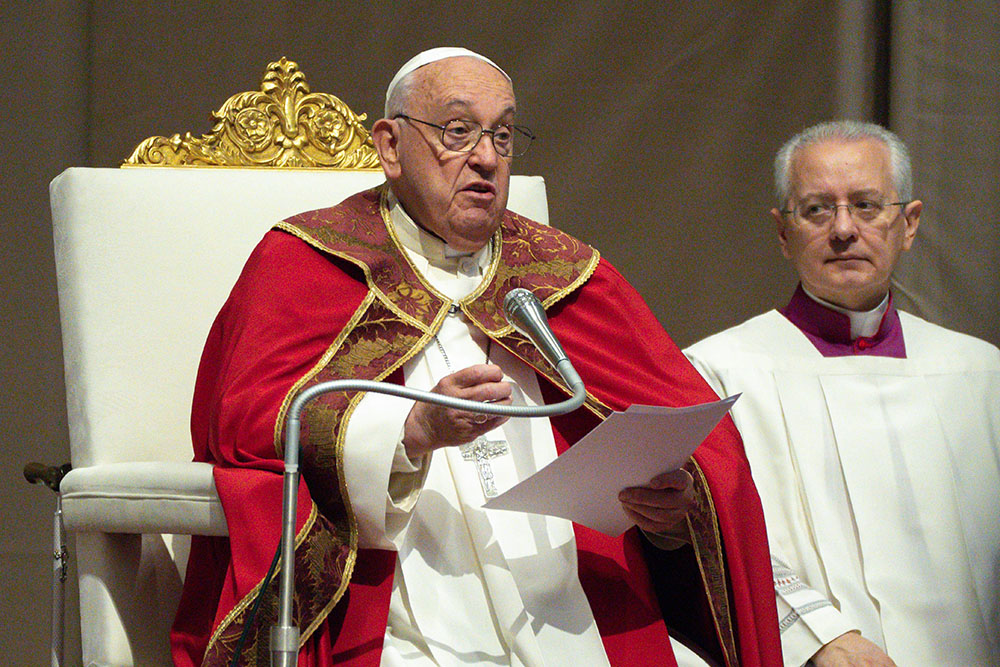 Pope Francis gives his homily during a memorial Mass for cardinals and bishops who died in the past year at the Altar of the Chair in St. Peter's Basilica at the Vatican, Nov. 4, 2024. (CNS/Lola Gomez)