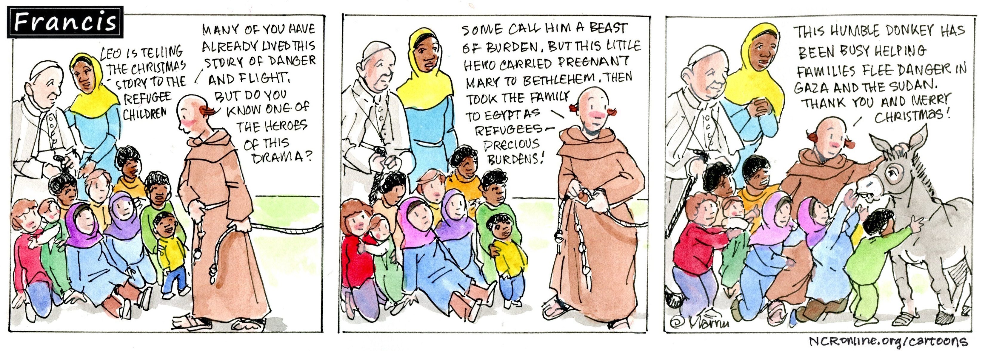 Francis, the comic strip: Leo tells the Christmas story and highlights a humble hero.