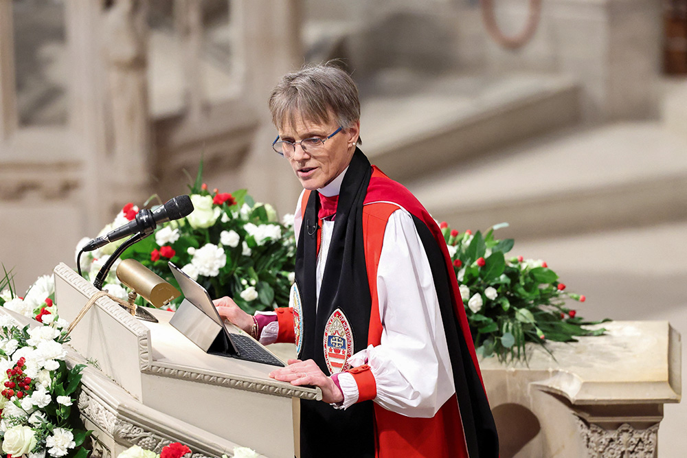 Bishop Mariann Edgar Budde delivers the sermon at a national prayer service Jan. 21, 2025, at the Washington National Cathedral with U.S. President Donald Trump, first lady Melania, U.S. Vice President JD Vance and second lady Usha Vance in attendance. The service came a day after Inauguration Day and the swearing-in of the president and vice president. (OSV News/Reuters/Kevin Lamarque)