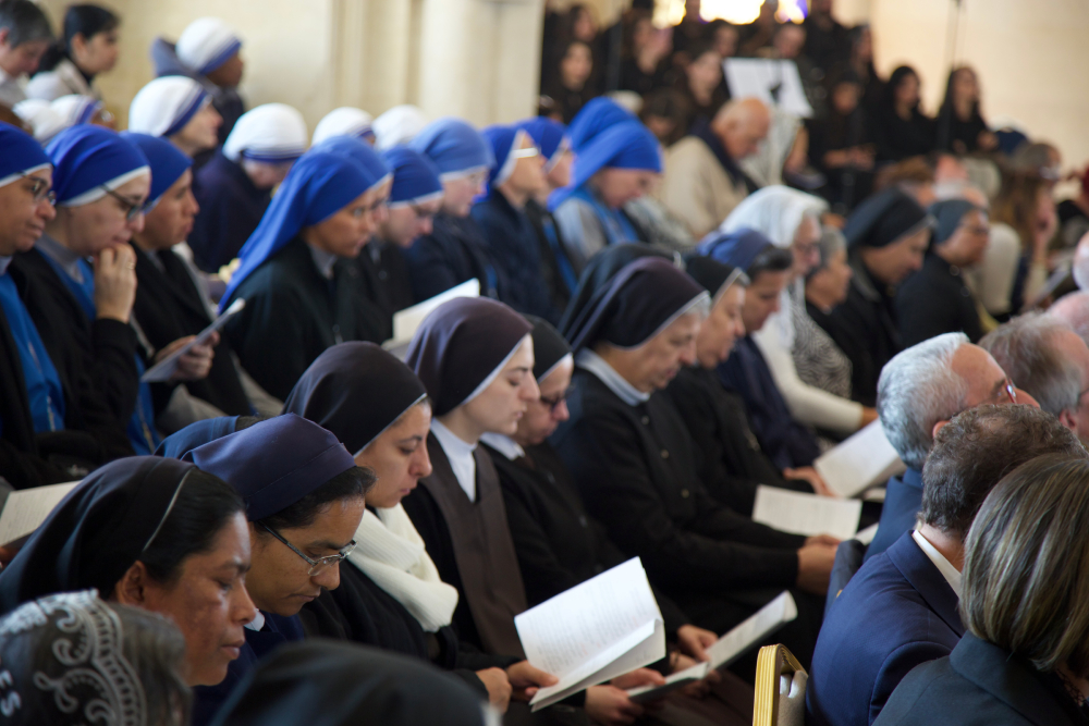 Nuns praying during Iyad Twal's ordination Nuns praying during Iyad Twal's ordination as auxiliary bishop of the Latin Patriarchate of Jerusalem at the Church of the Baptism of Christ in Al-Maghtas, Jordan. (Sophie Constantin)