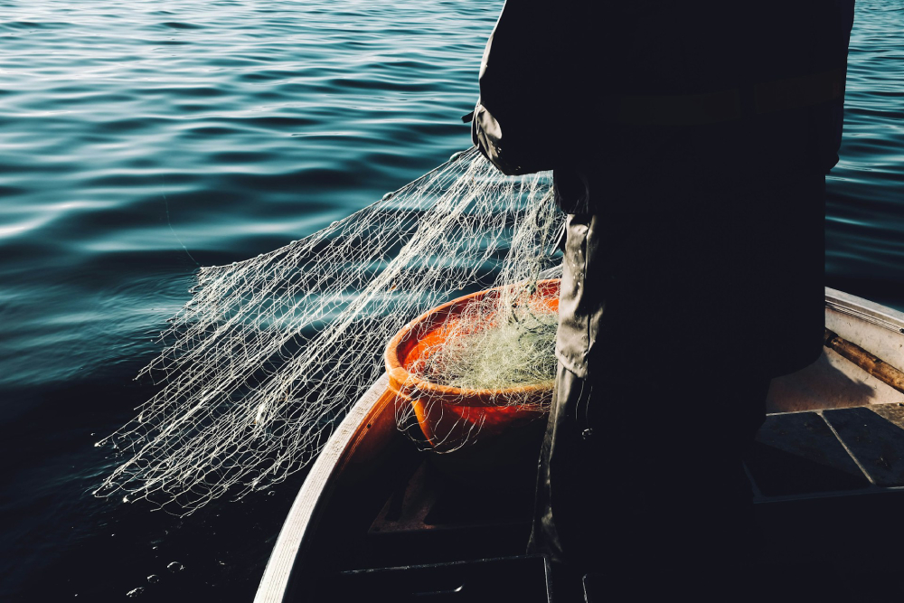Dark silhouette of a person on a small boat in deep blue waters pulling a white fishing net into an orange bucket.