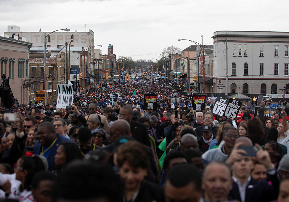 Demonstrators march across the Edmund Pettus Bridge to commemorate the 60th anniversary of "Bloody Sunday" in Selma, Alabama, on March 9, 2025. Sixty years ago, on March 7, Alabama Highway Patrol troopers attacked civil rights demonstrators protesting white officials' refusal to allow Black Alabamians to register to vote and the killing days earlier of Jimmie Lee Jackson, a minister and voting rights organizer who was beaten and fatally shot by a state trooper in nearby Marion. (OSV News/Reuters)