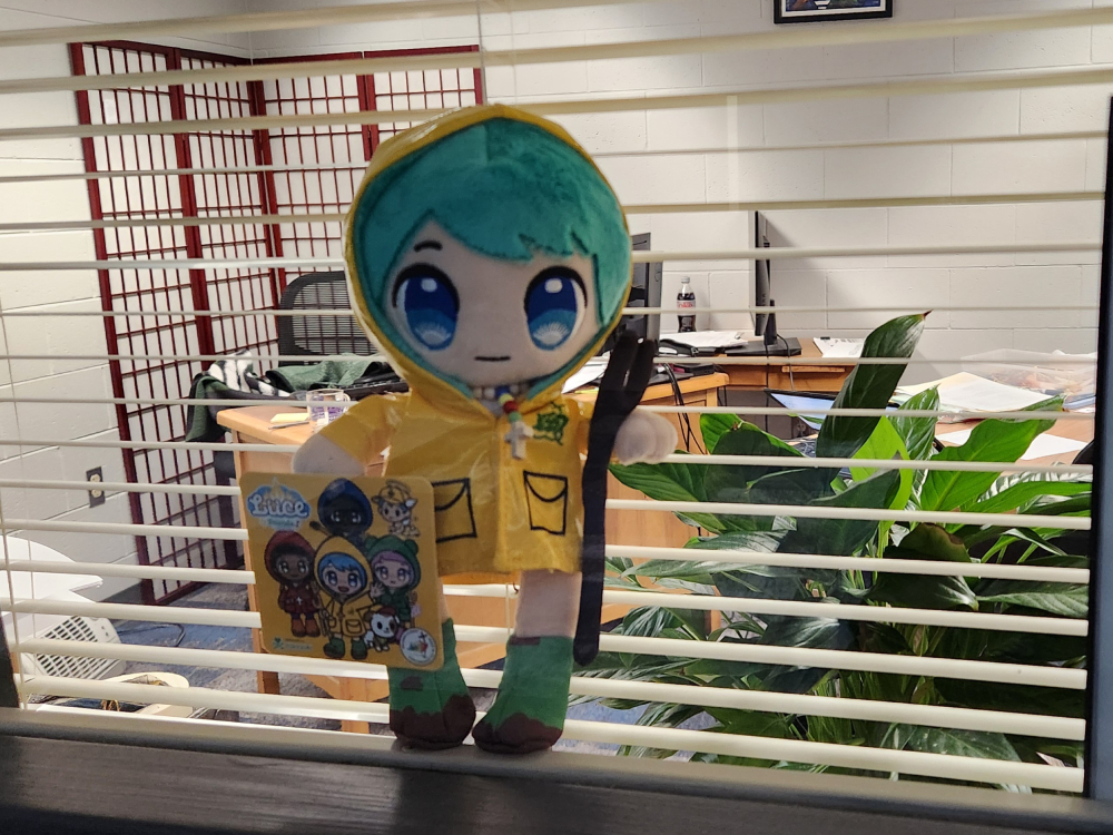 Luce, the 2025 Jubilee Year of Hope's mascot, adorns the office window of author Jane Marie Bradish.