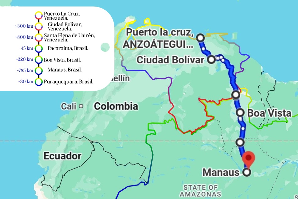 Un recorrido de 2150 kilómetros a través de 7 ciudades, desde Puerto la Cruz, en Venezuela, hasta Puraquequara, en Brasil: una migración forzada en busca de un futuro mejor. (Infografía Andrea Rodríguez Martínez, con datos de Google Maps)