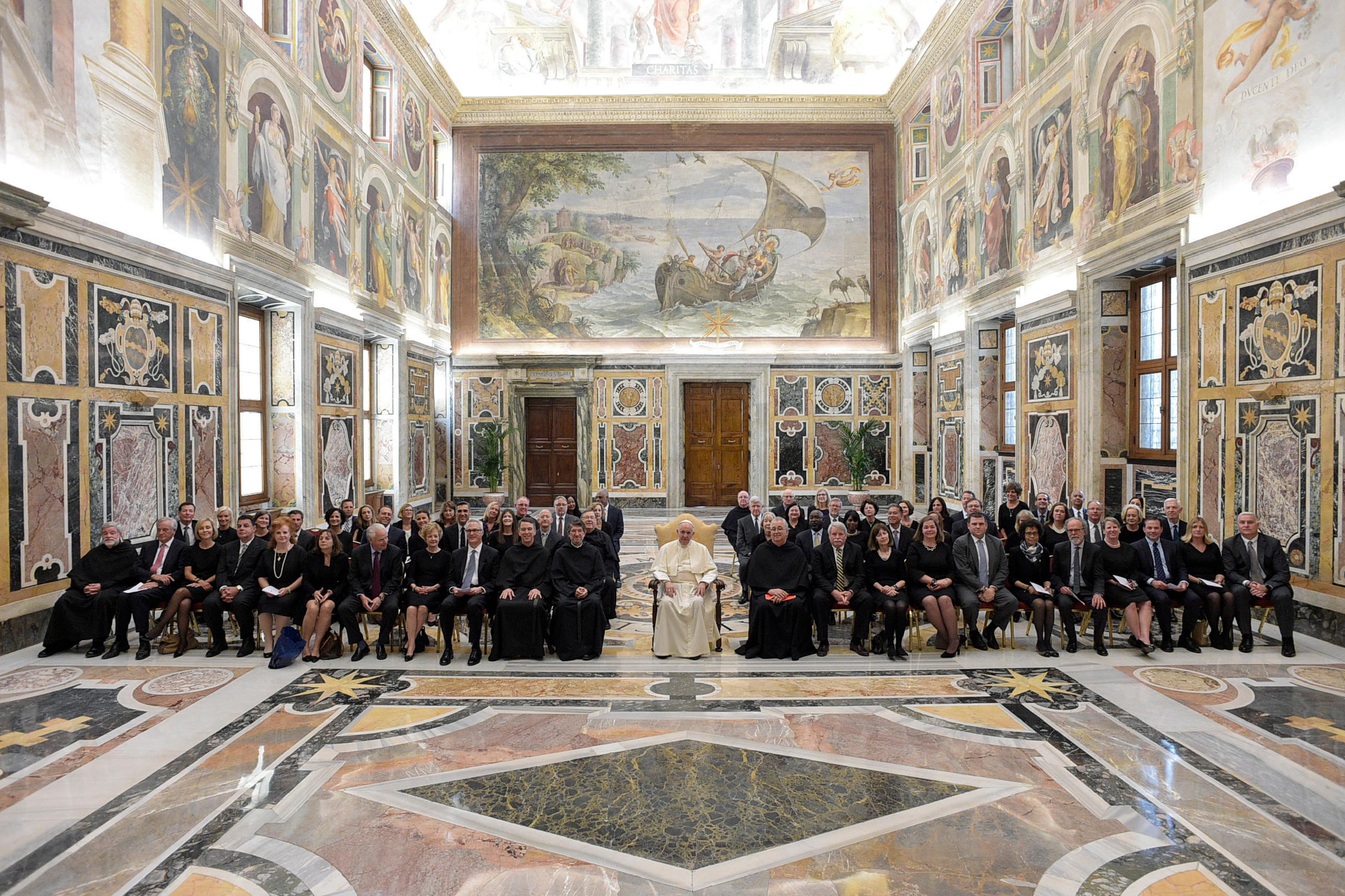 Pope Francis poses with a delegation from Villanova University in Pennsylvania during a private audience at the Vatican April 14. (CNS photo/Vatican Media) See POPE-VILLANOVA April 16, 2018.